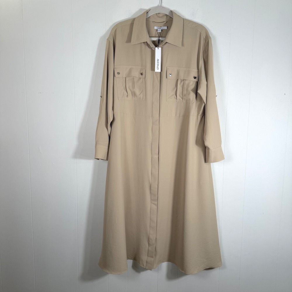 Chicos Midi Twill Shirtdress Tan Utility Button Front Pockets Size 2/Large New